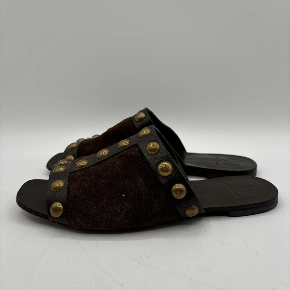 Tory Burch Blythe Slide Women's 7 M Suede Leather Sandals Beige Gold Studded